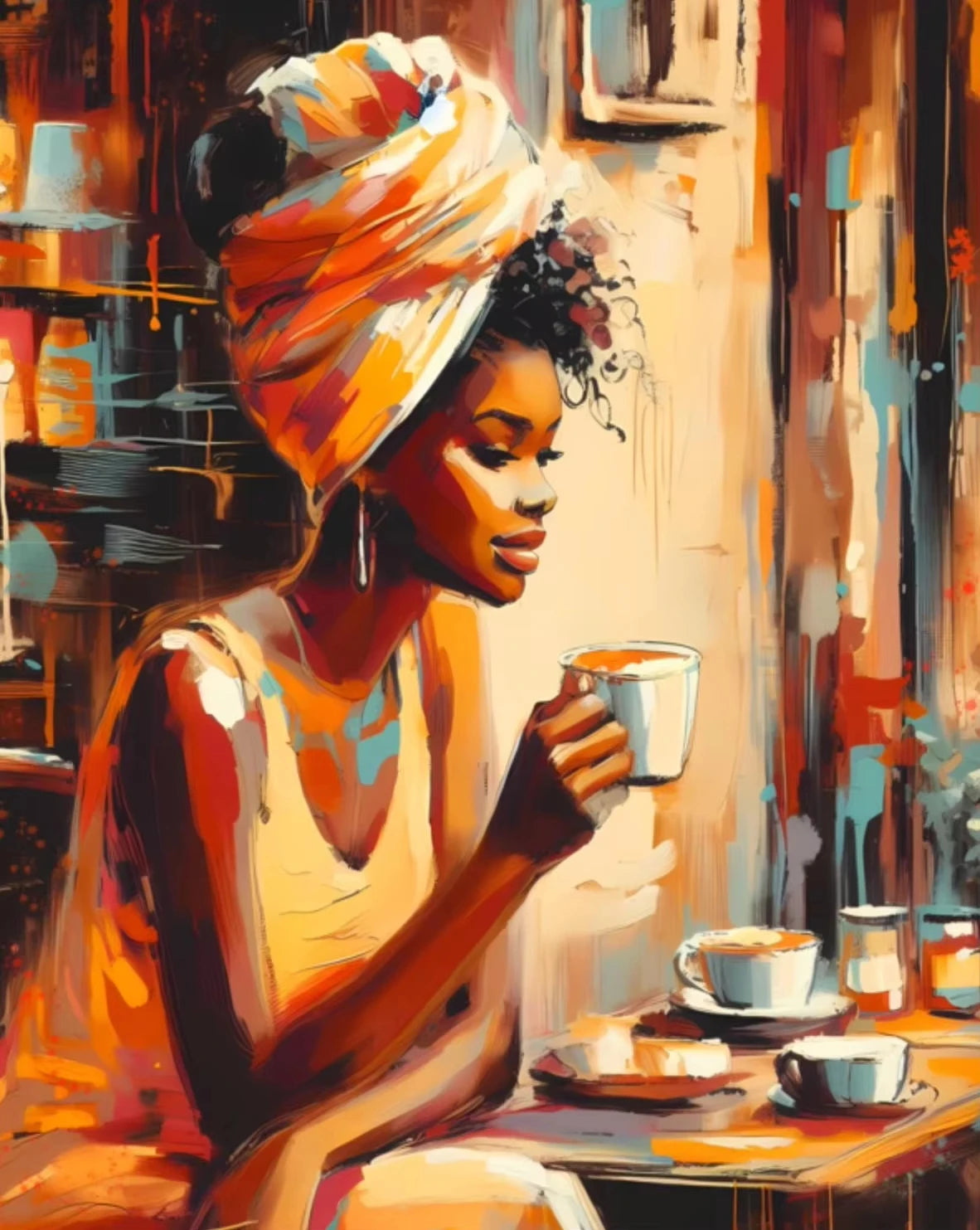 A portrait of an African American woman in an orange headwrap looking to the side while holding a cup.