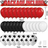 A collection of latex balloons and soccer balls are shown, including various colors and sizes for sports party decor.