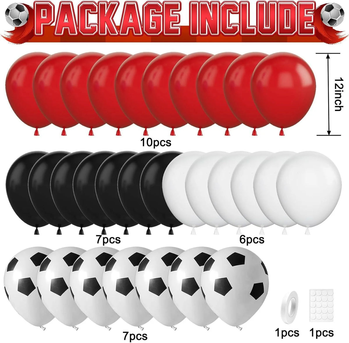 A collection of latex balloons and soccer balls are shown, including various colors and sizes for sports party decor.