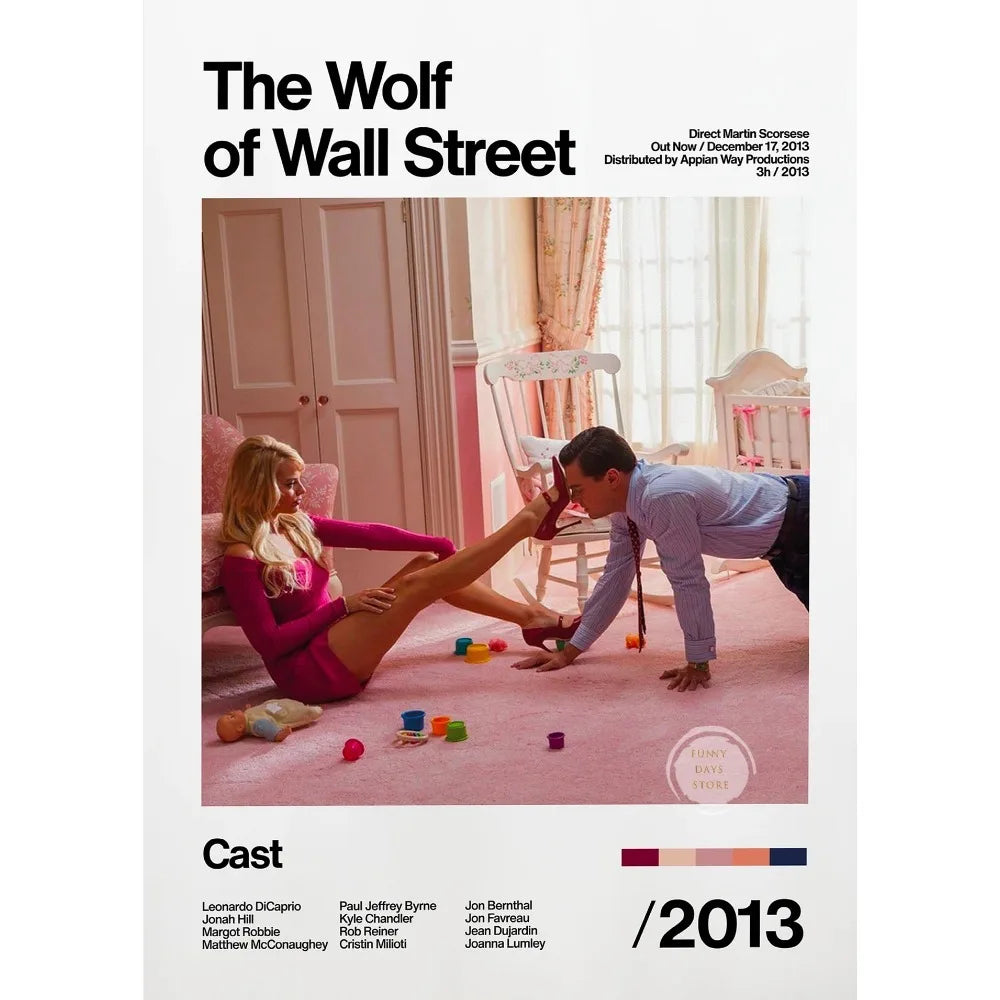Movie poster art for The Wolf of Wall Street featuring a man and woman in a pink room.