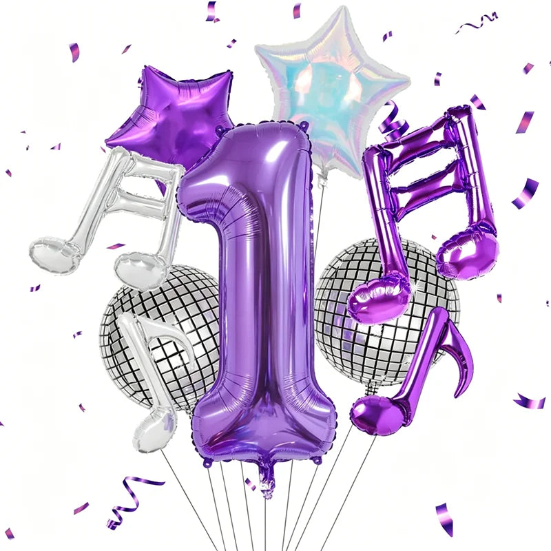 A set of purple musical number balloons including a large '1', a star balloon, and various musical note shapes.