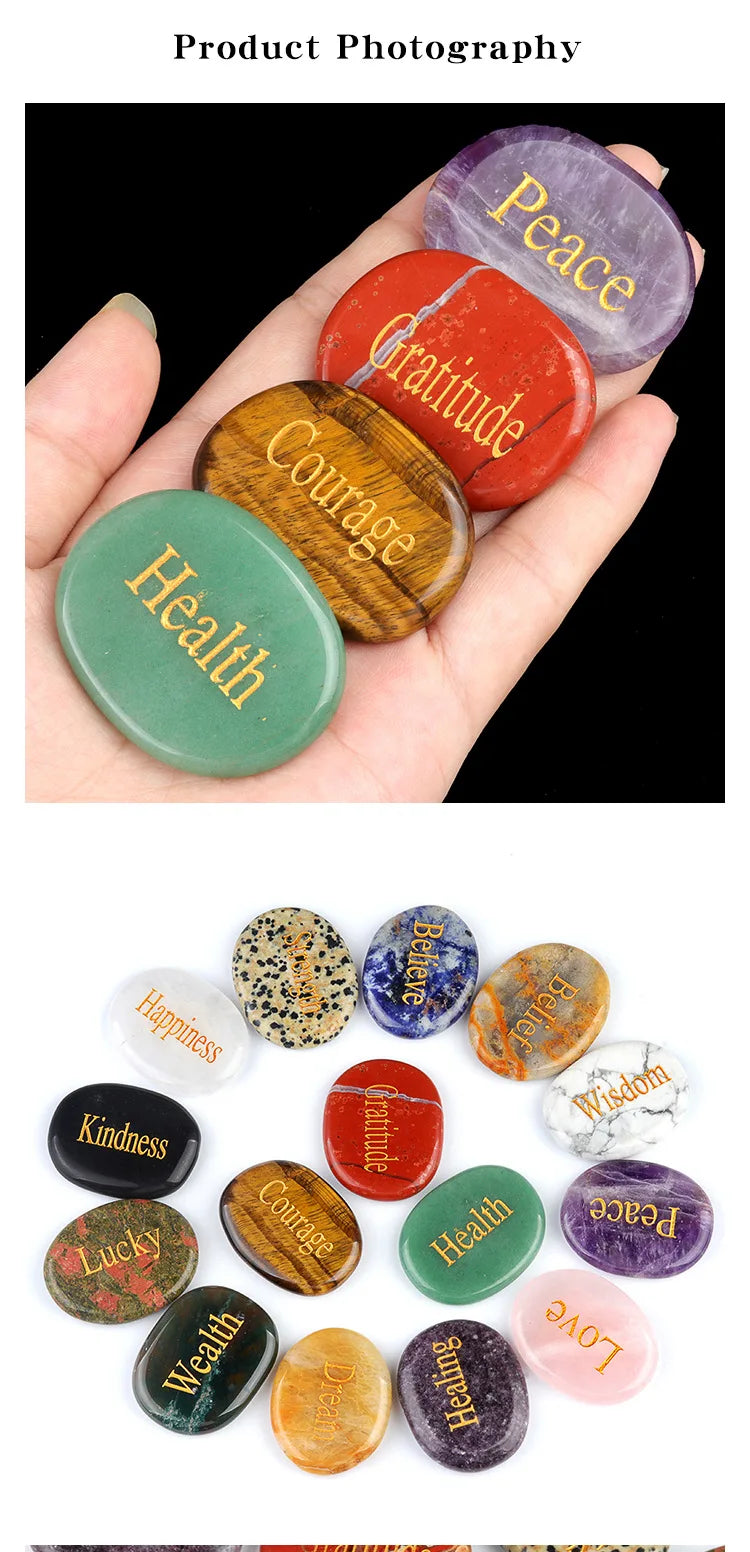 A collection of natural crystal ellipses in various colors including purple, red, green, and gold, displayed on a hand.