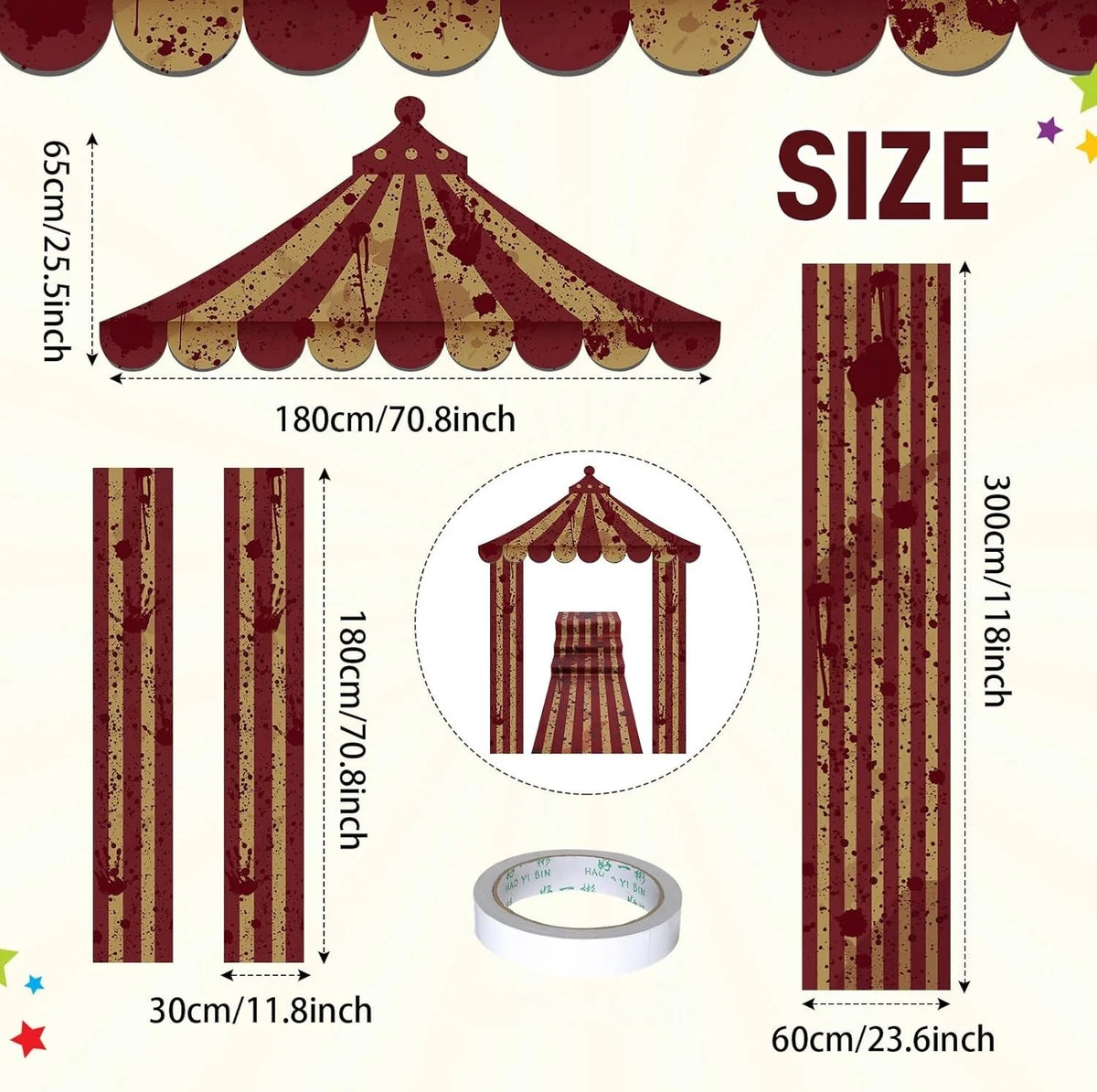 A banner featuring a striped, tent-like arch design for a door or entrance.