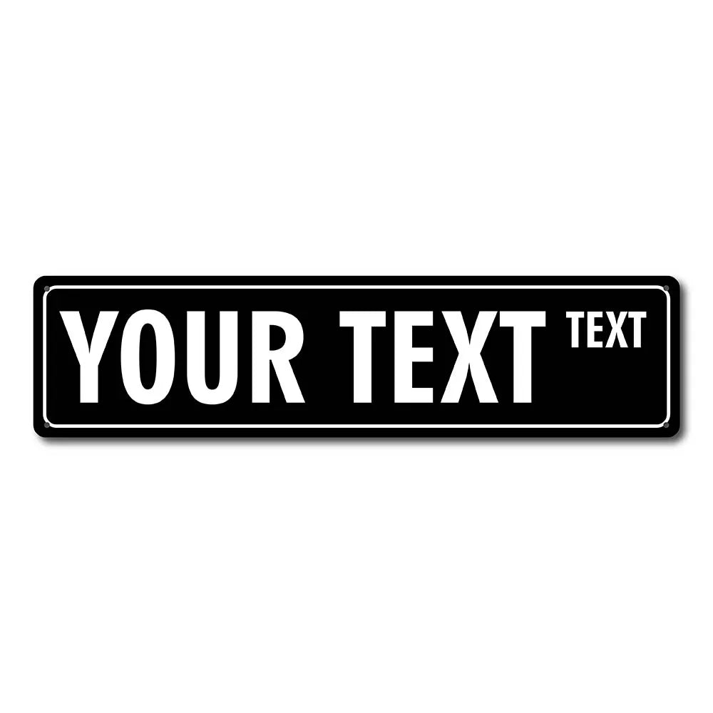 A black rectangular sign with the text YOUR TEXT in white, featuring a small word TEXT below it.