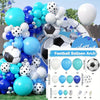 A kit for a football balloon arch featuring various sized and colored balloons, including soccer balls.