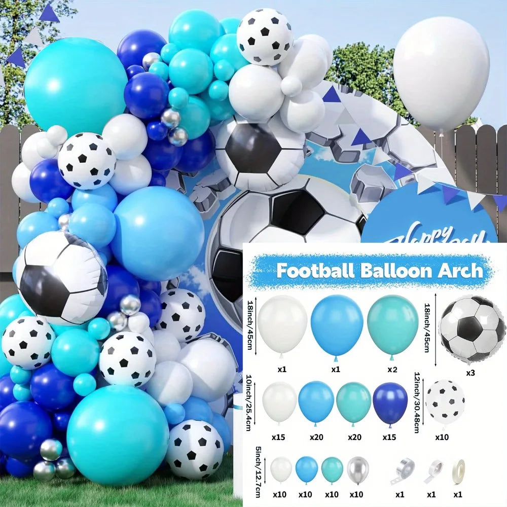 A kit for a football balloon arch featuring various sized and colored balloons, including soccer balls.