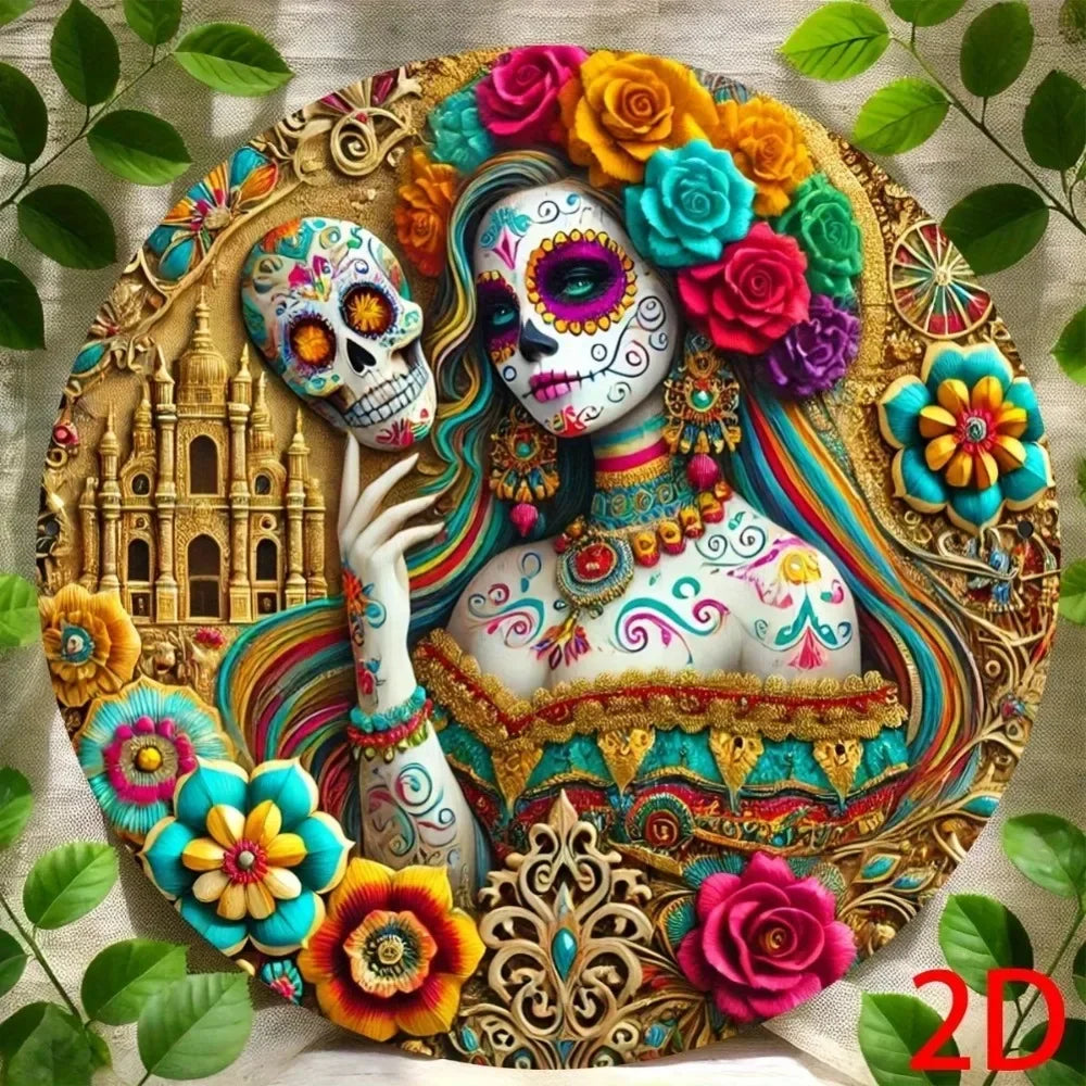 A detailed, colorful aluminum sign featuring a woman with vibrant floral headdress and skull elements in a vintage Day of the