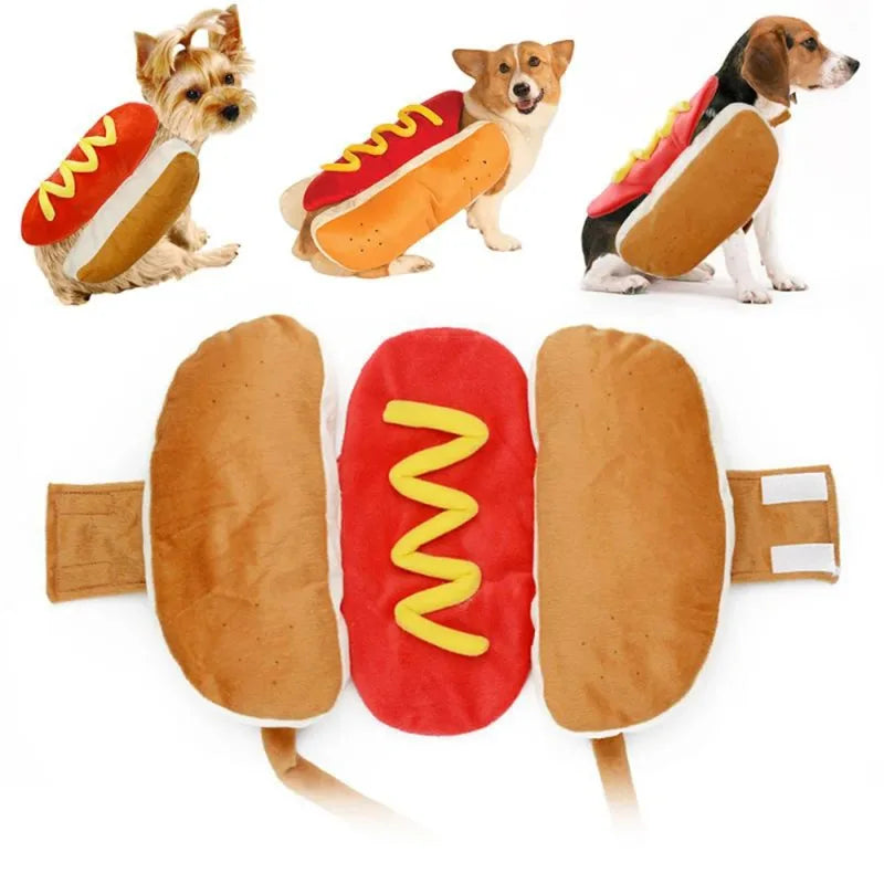 A classic hot dog costume for dogs featuring a sausage shape in red and yellow on a brown fabric.