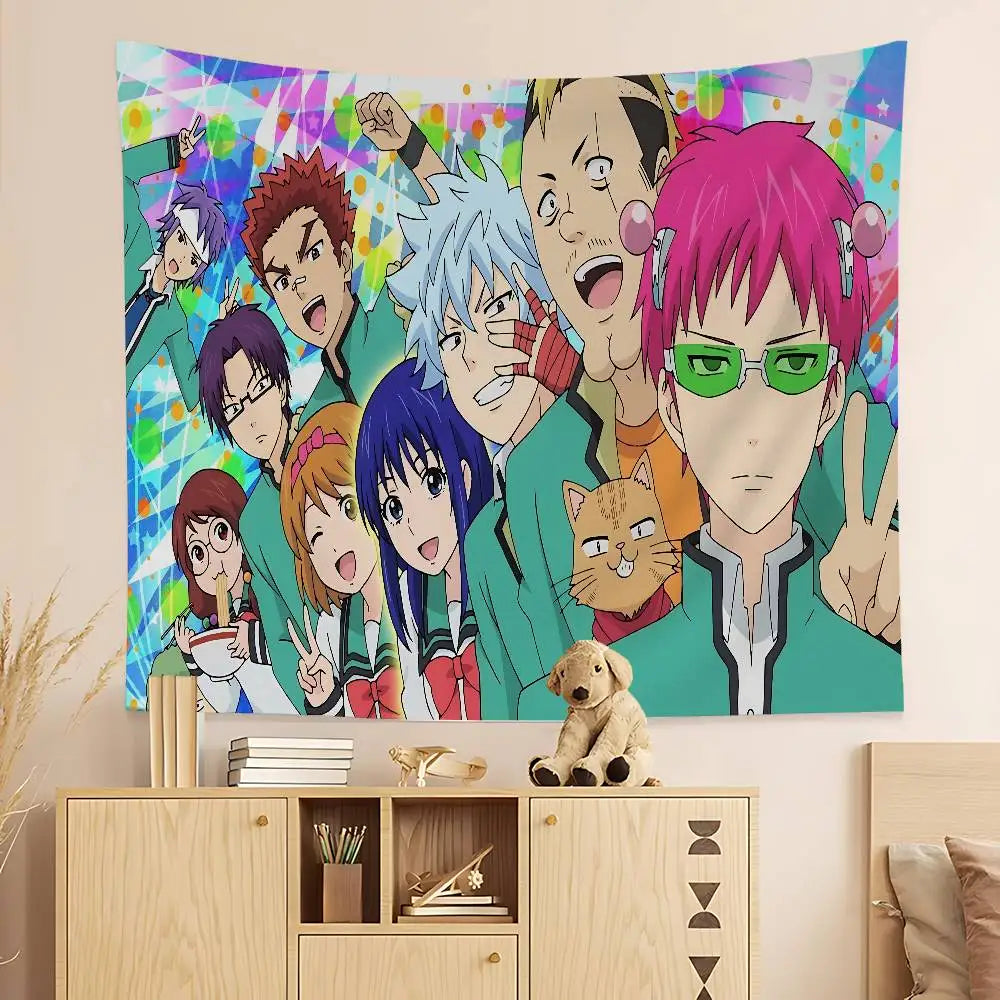 Anime tapestry wall hanging featuring characters from The Disastrous Life of Saiki K.