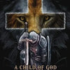 A dark fantasy artwork featuring a lion's head within a cross, overlaid with a warrior figure and text.