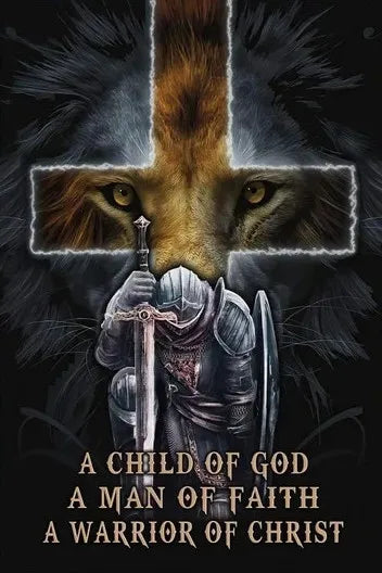 A dark fantasy artwork featuring a lion's head within a cross, overlaid with a warrior figure and text.