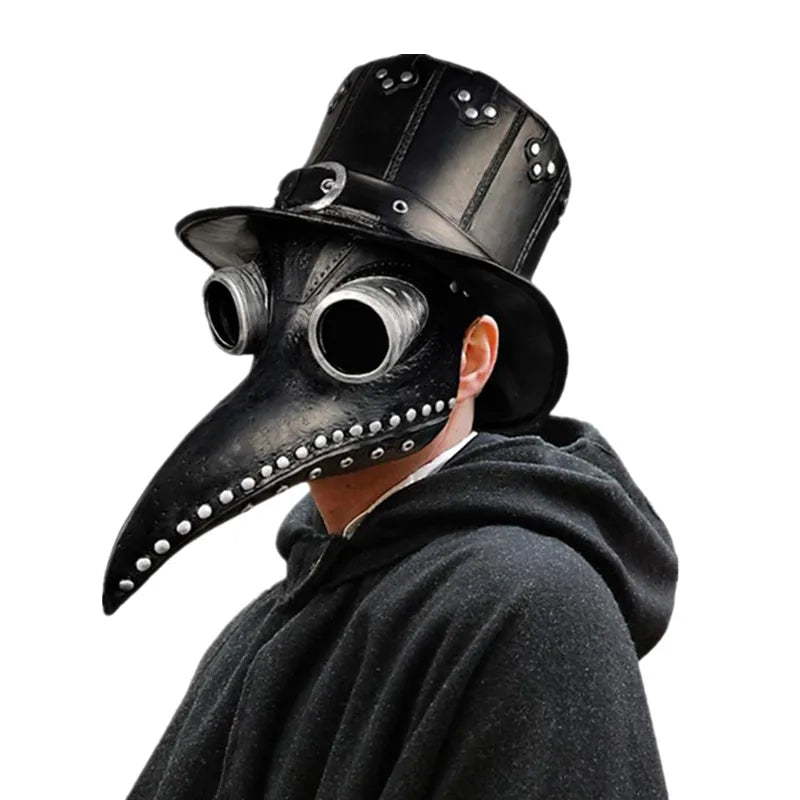 A person wearing a black plague doctor mask with large eye holes and a leather hat, partially covered by a dark cloak.