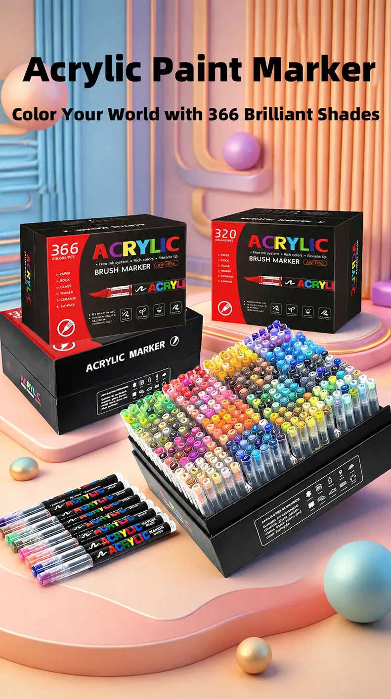 A set of 366 acrylic paint markers in various shades displayed on a pink surface.