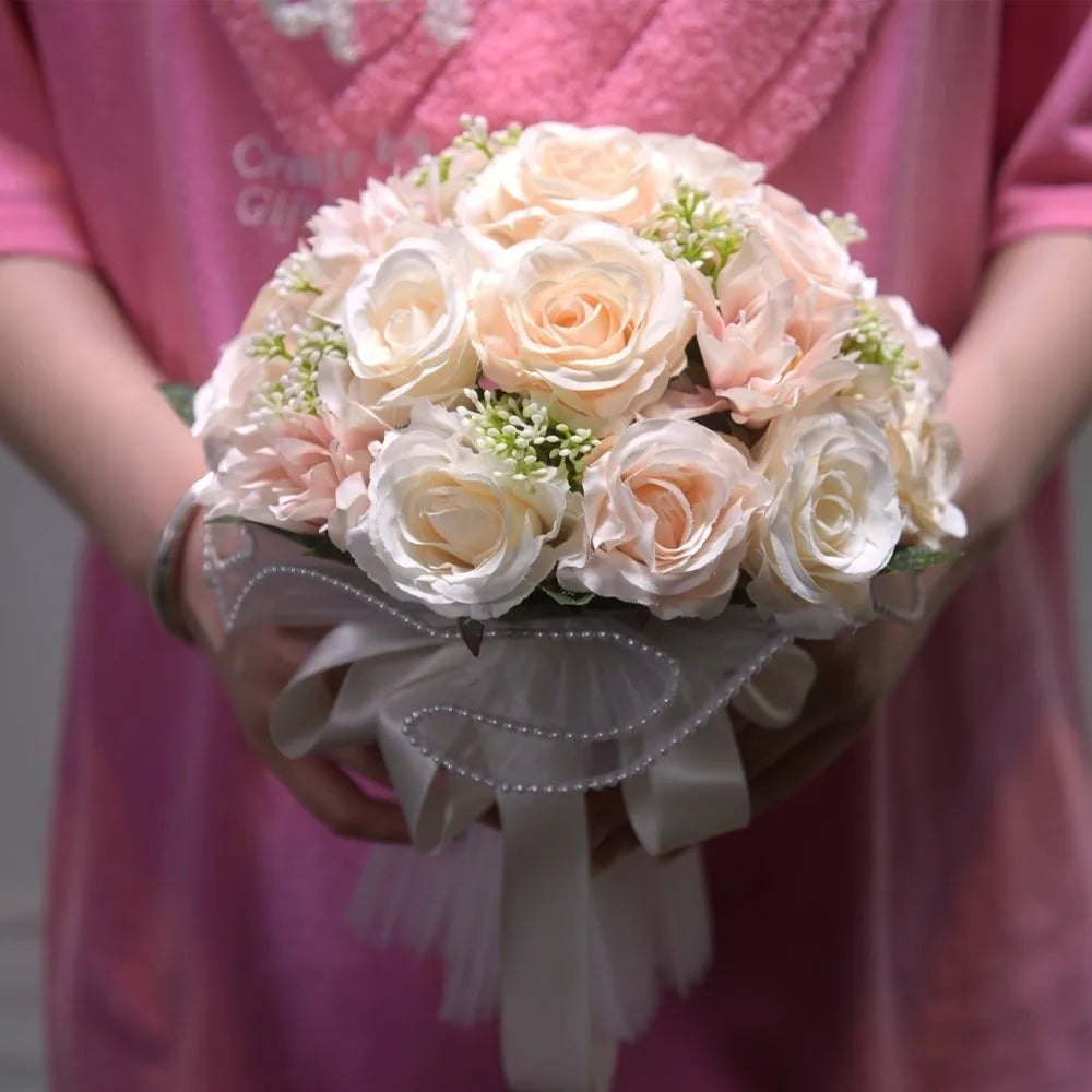 Elegant Silk Rose Bridal Bouquet with Baby's Breath