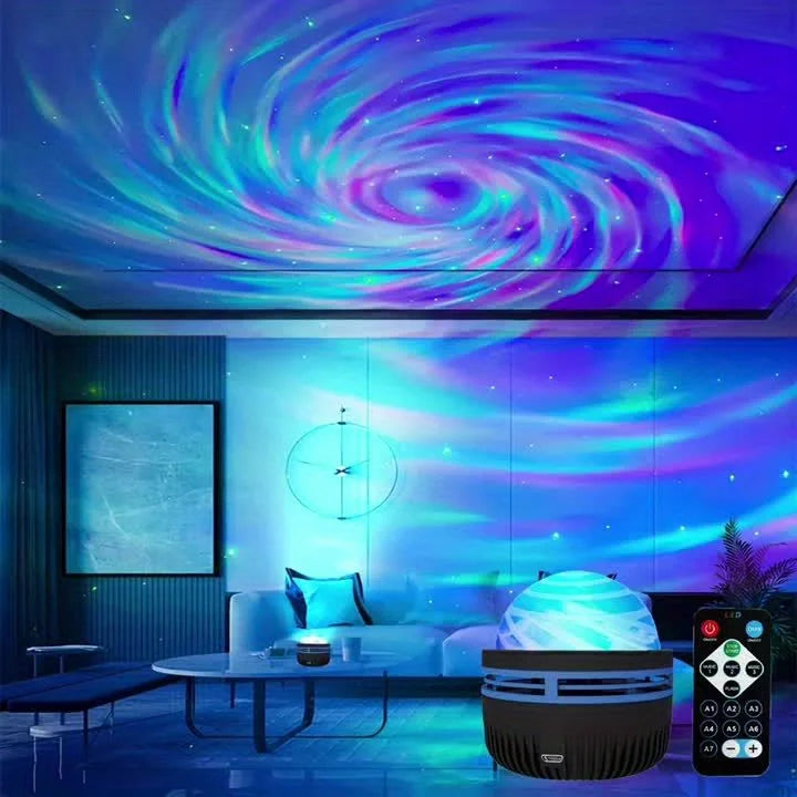 A Galaxy Projection Night Light illuminates a modern living room with swirling blue and purple light patterns.