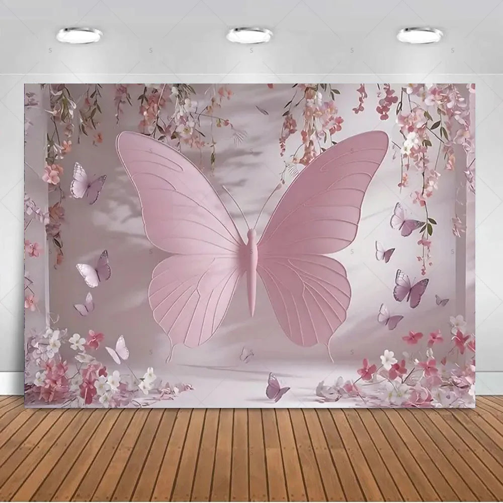 A pink butterfly silhouette against a soft floral backdrop suitable for birthday and wedding decor.