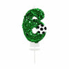 Green glitter number 6 with a soccer ball design for a birthday candle
