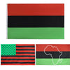 A vertical flag design featuring horizontal stripes of red, black, and green, with a map outline of Africa on the lower secti