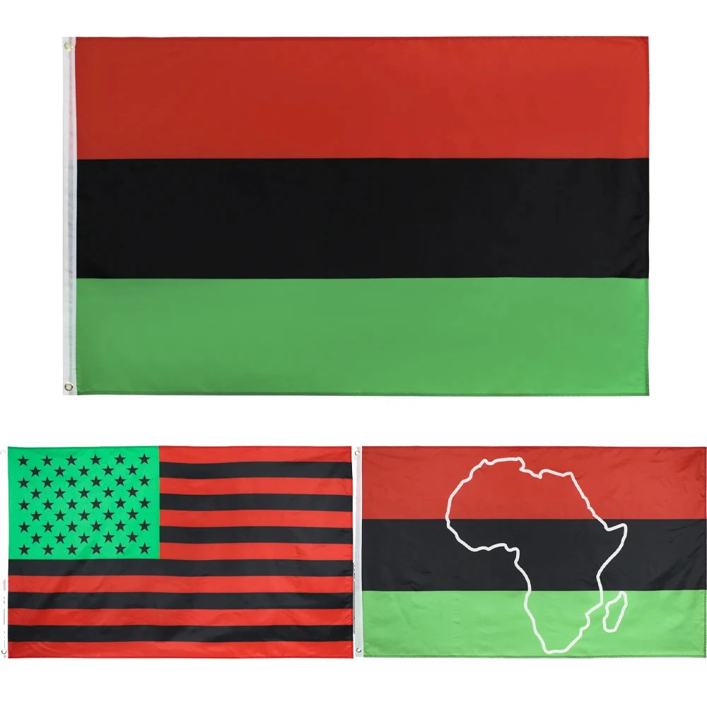 A vertical flag design featuring horizontal stripes of red, black, and green, with a map outline of Africa on the lower secti