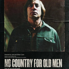 Movie poster for No Country for Old Men featuring a man in a green jacket against a dark background.