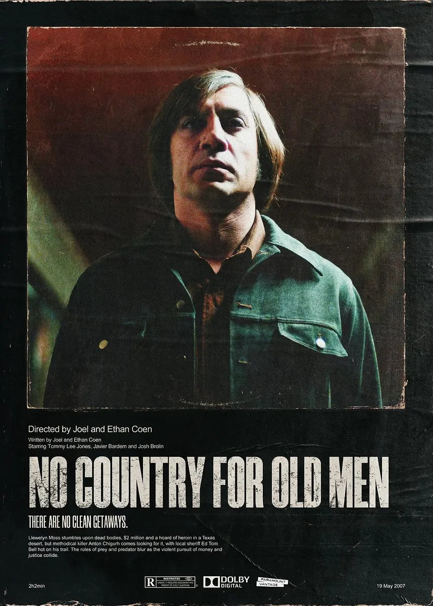 Movie poster for No Country for Old Men featuring a man in a green jacket against a dark background.