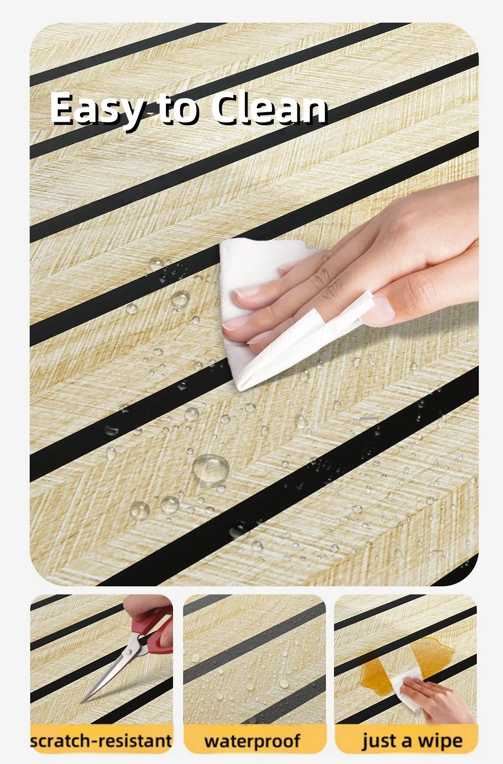 A hand wipes water off a faux wood grain self-adhesive wallpaper surface, demonstrating its easy to clean and waterproof feat