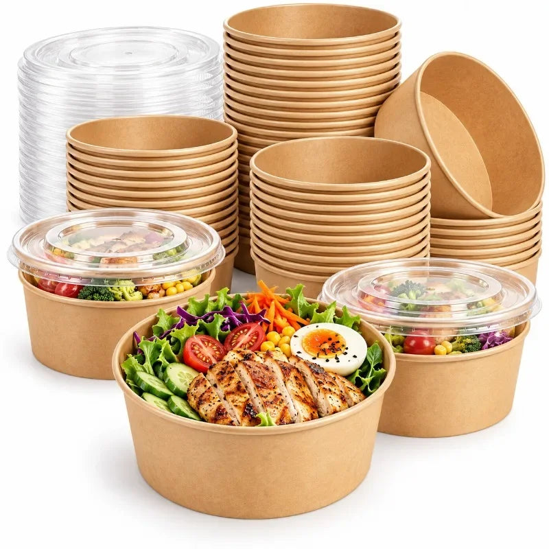 A collection of eco-friendly kraft paper bowls with lids stacked and displayed, ready for takeout or meal prep.