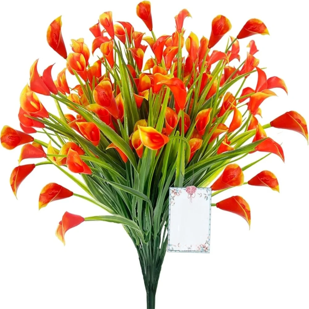 A vibrant bouquet of artificial orange and red calla lilies for home decor.