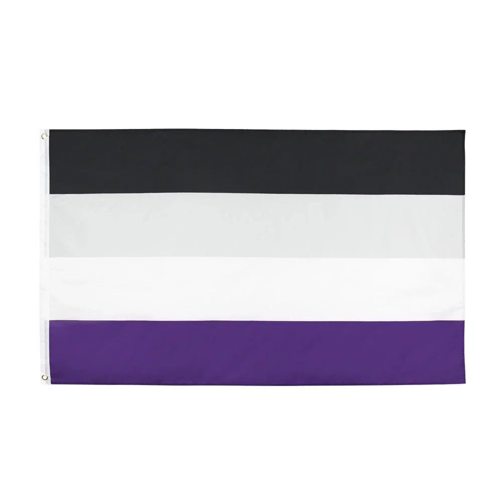 A horizontal flag banner with four stripes of black, white, and purple.