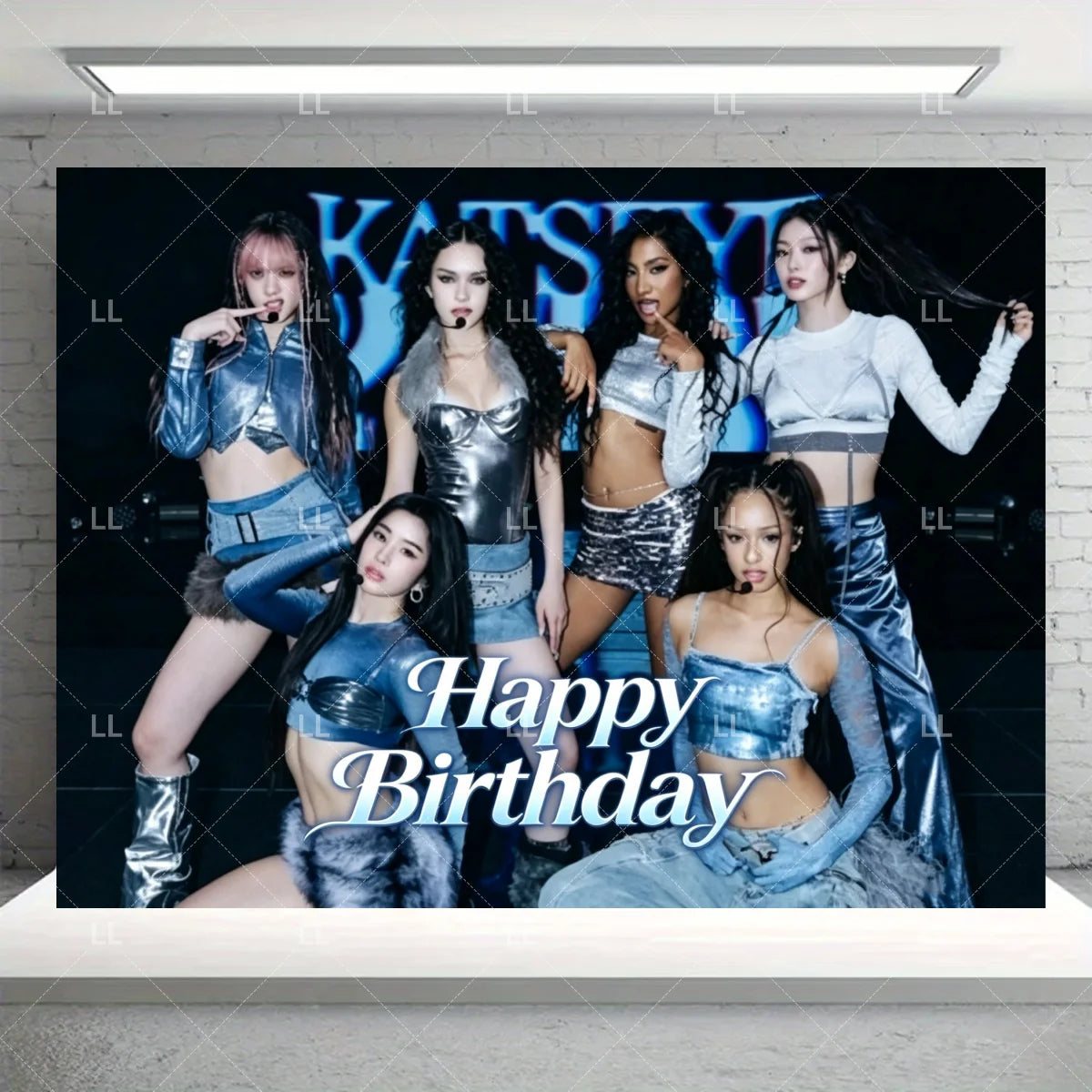 A photo of four women in K-pop inspired outfits posing in front of a dark backdrop for a birthday party decoration set.