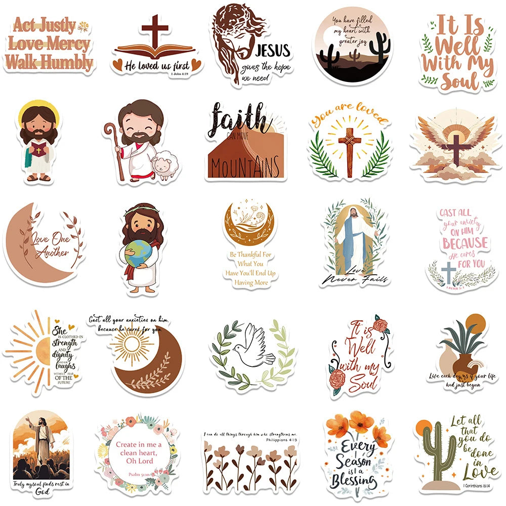 A collection of faith and Christian decals featuring Jesus, crosses, mountains, and inspirational quotes.