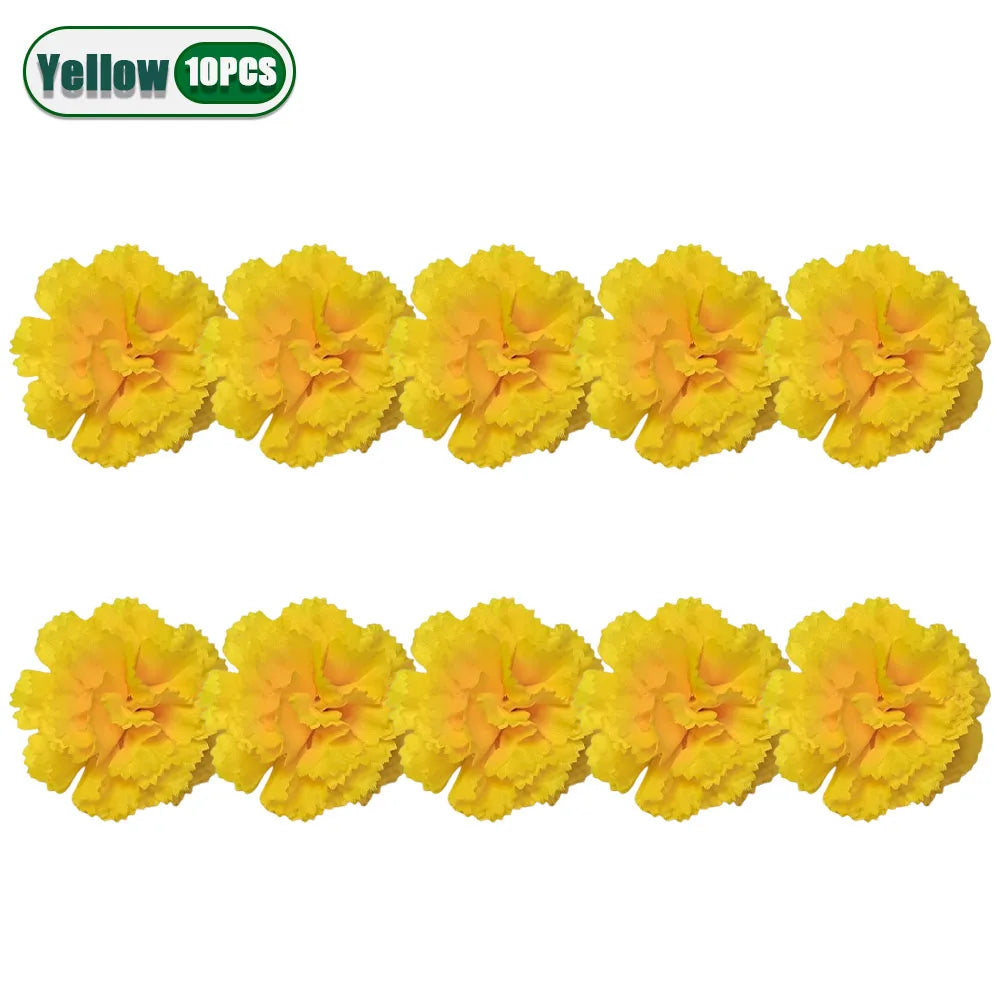 A set of ten yellow artificial marigold and carnation flowers for festive decoration.