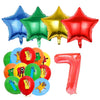 A set of colorful foil star shaped balloons in blue, green, and gold, along with a red number balloon.