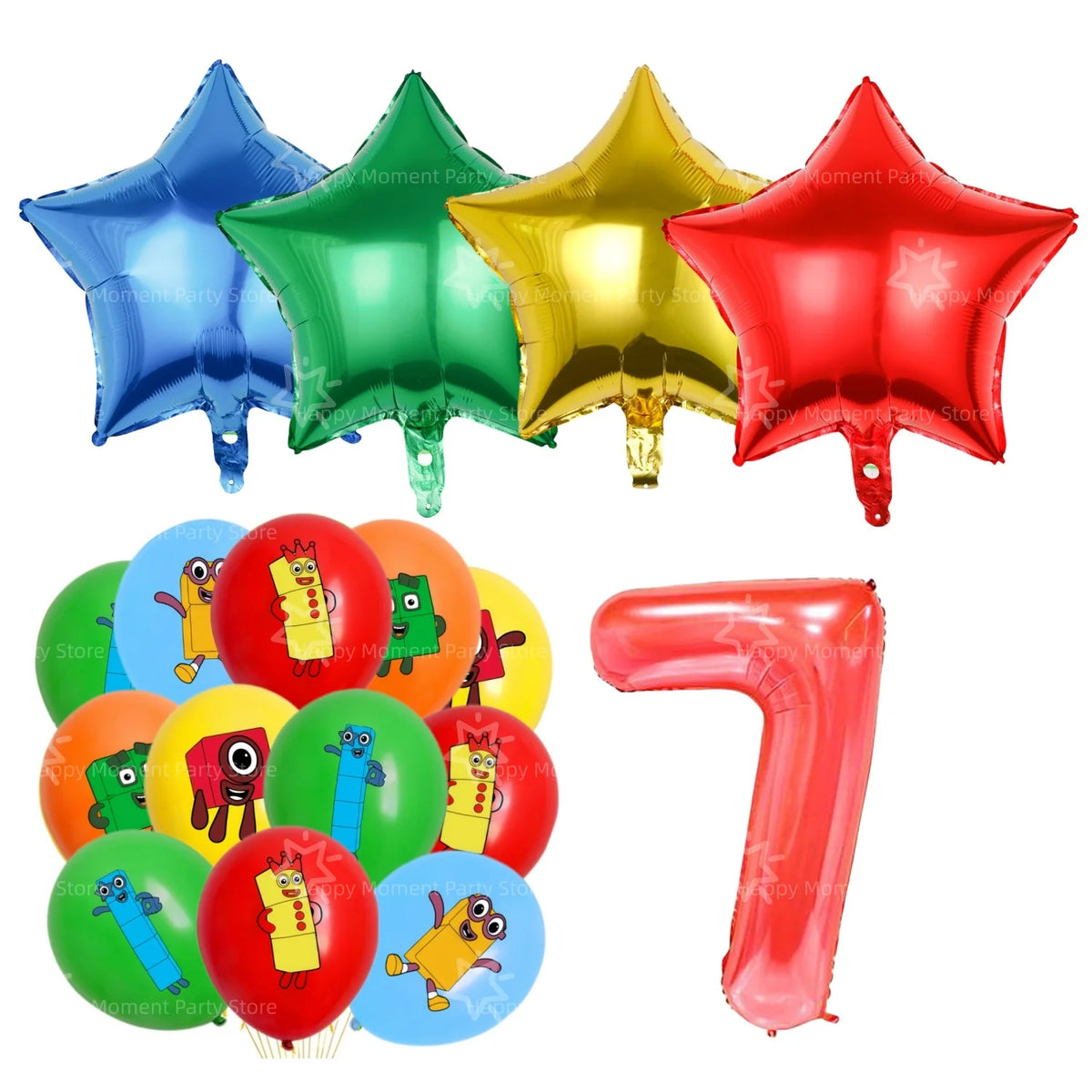A set of colorful foil star shaped balloons in blue, green, and gold, along with a red number balloon.