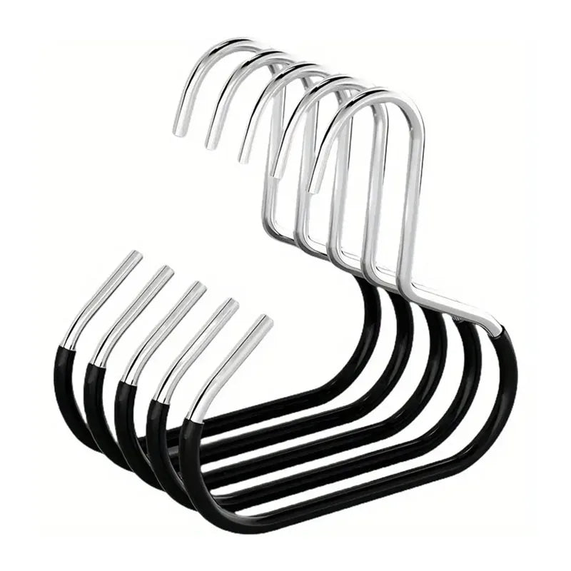 A set of five black and silver non-slip wall-mounted hooks for organizing baseball caps.
