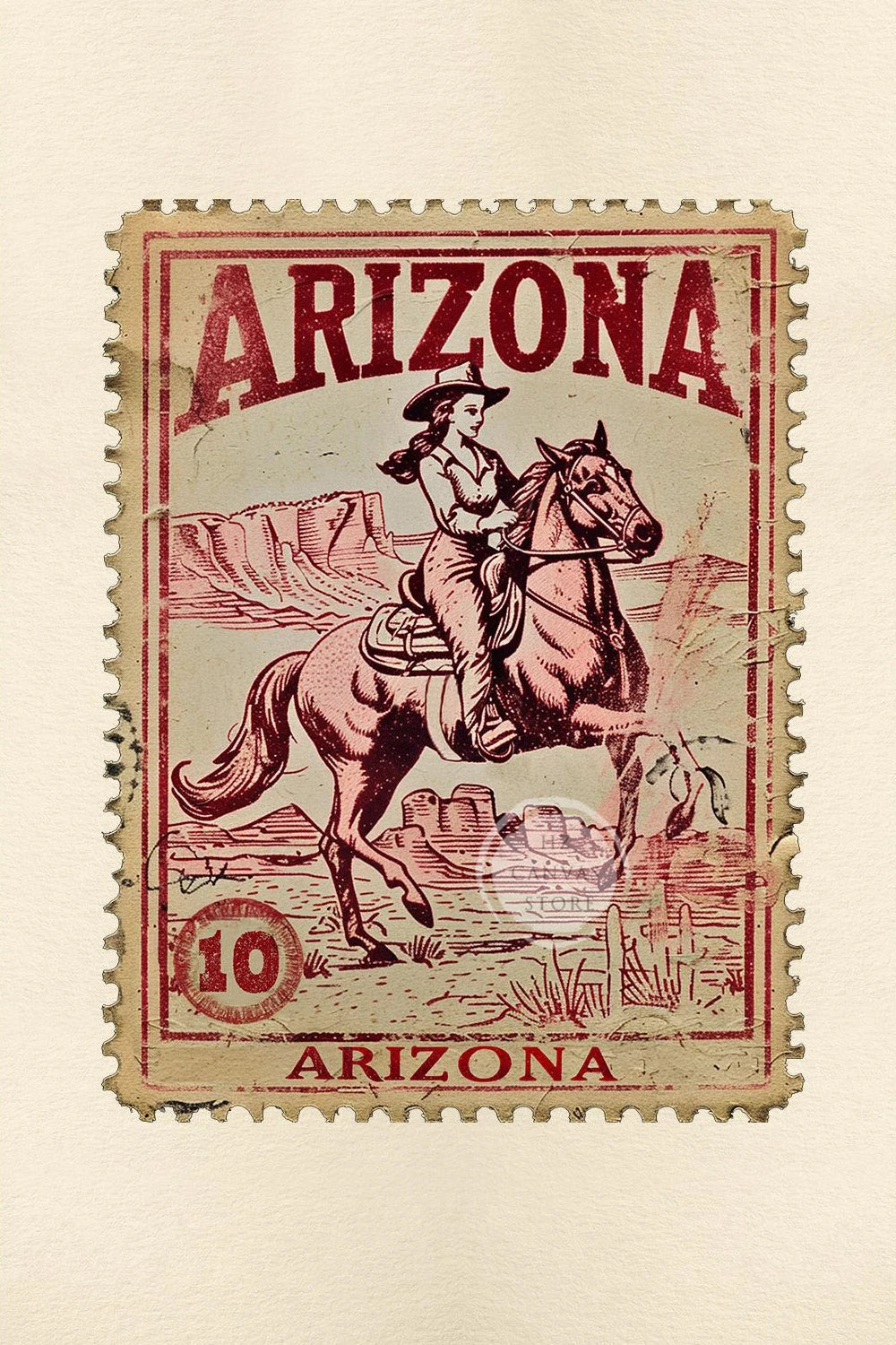 A vintage postage stamp featuring a woman on a horse against a desert landscape, labeled Arizona.