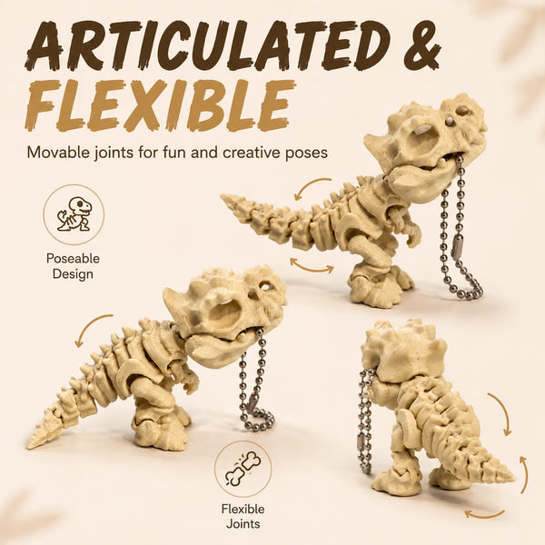 A light beige 3D printed T-Rex skeleton model showing movable joints for creative posing.