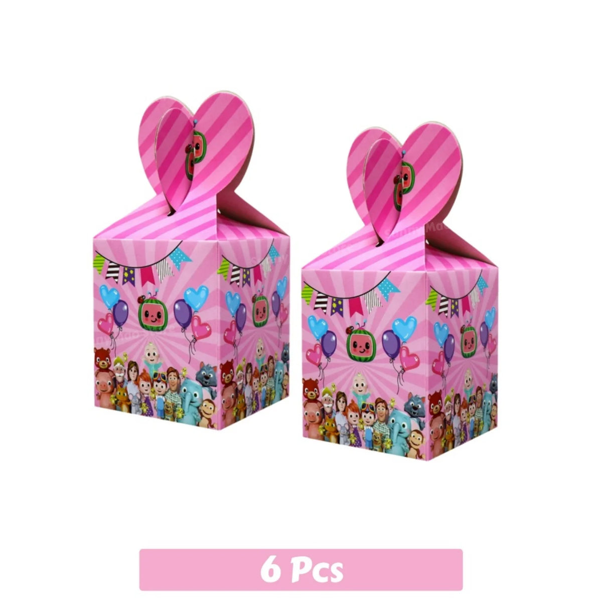 A pink cardboard box containing a Cocomelon party supplies kit with balloons and tableware.