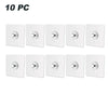 Ten white adhesive wall hooks with silver-colored mounting hardware.