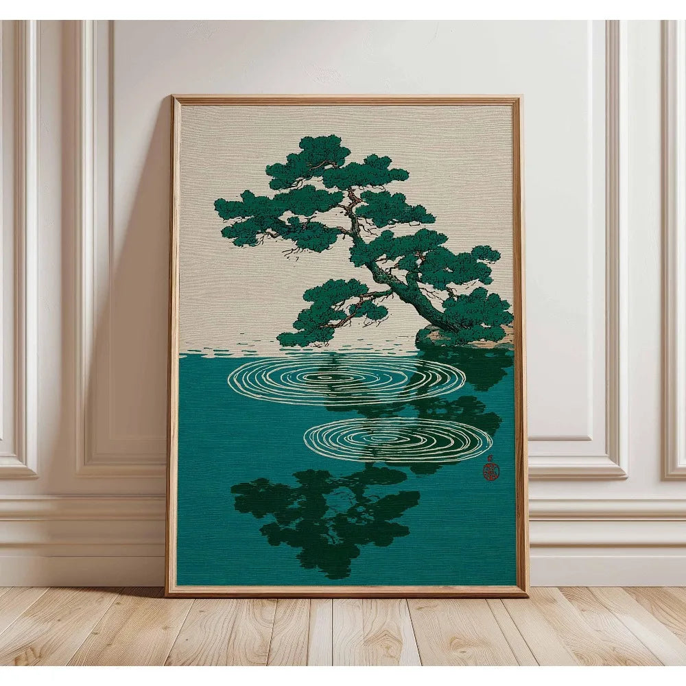 Frameless Japanese tree art canvas print featuring a dark green pine tree silhouette on a teal background.