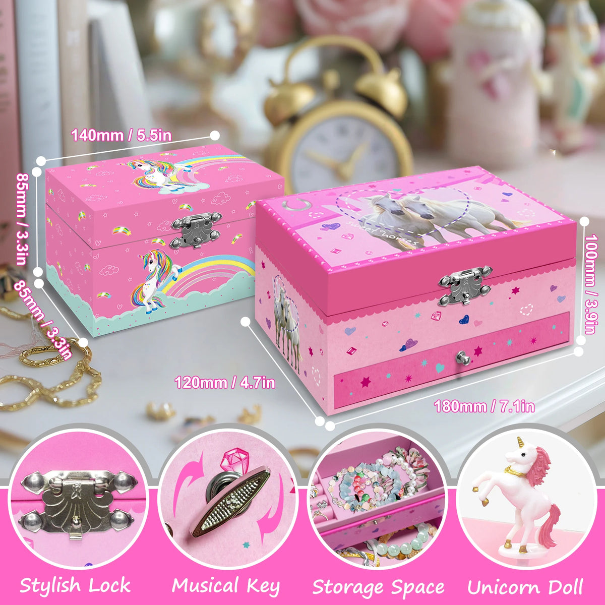 Pink unicorn jewelry box featuring a rotating dancer mechanism and storage space.
