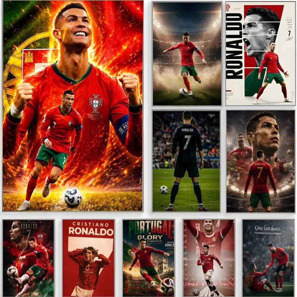 A collage of posters and artwork featuring Cristiano Ronaldo in various poses and contexts.