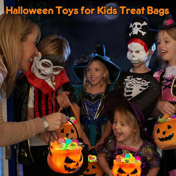 A group of children and an adult are shown with Halloween toys, including glow-in-the-dark balls and a skull mask.