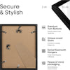 A black photo frame with a light brown background showing premium turn buttons and swivel sawtooth hangers.