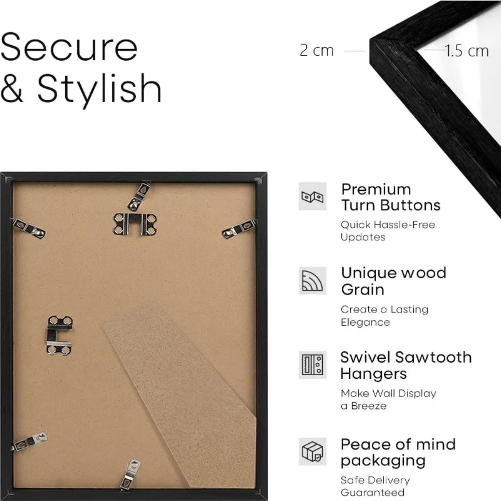 A black photo frame with a light brown background showing premium turn buttons and swivel sawtooth hangers.