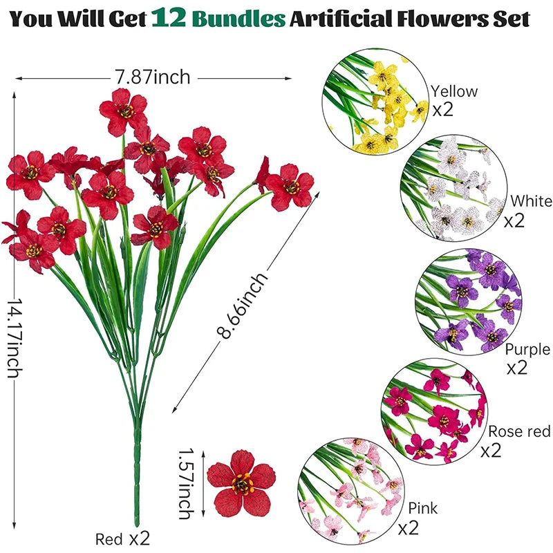A set of 12 bundles of artificial flowers featuring yellow, white, purple, rose red, and pink blooms.
