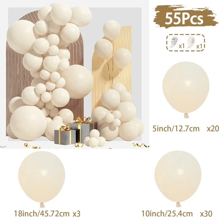 A kit of 55 latex balloons in white and beige colors, including various sizes for a garland arch decoration.