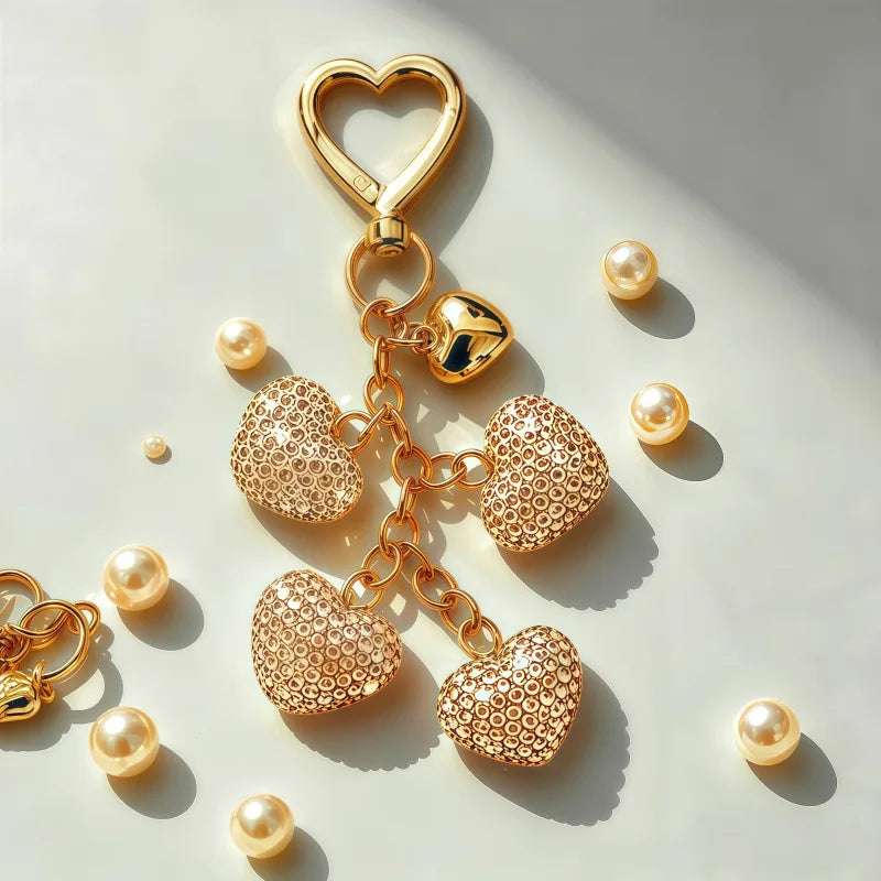 Gold heart-shaped rhinestone keychain and bag charm with a hanging loop