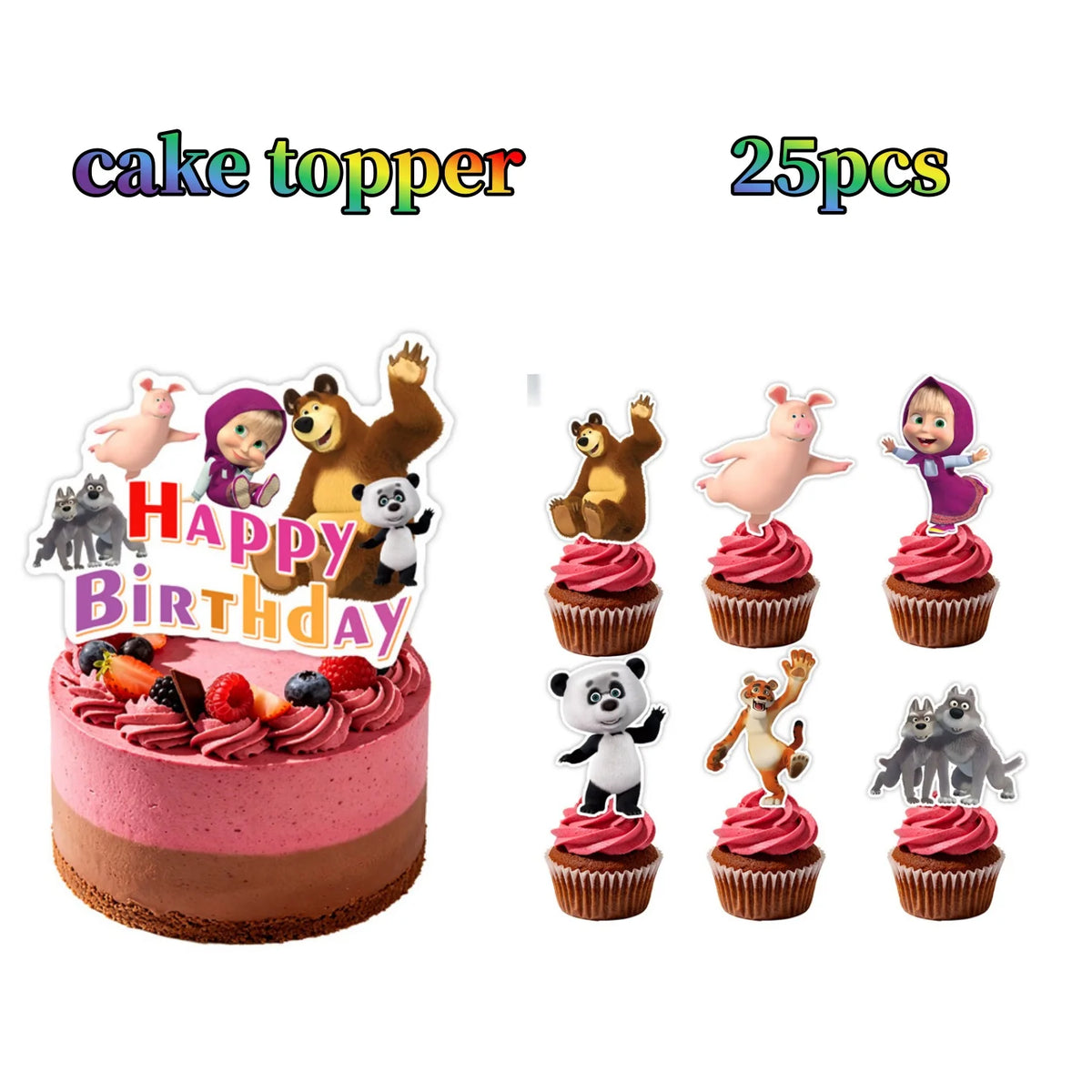 A set of 25 cake toppers featuring cute animal characters like bears, rabbits, and other figures for birthday celebrations.