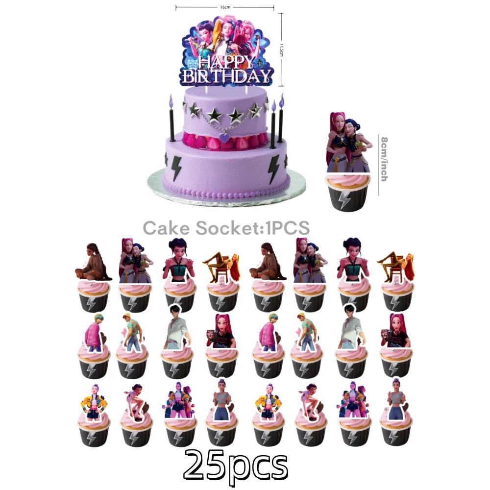 A set of 25 anime hunter girl cake toppers featuring various characters and designs.